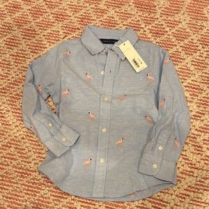 Janie and Jack Blue Flamingo Embroidered Kids Shirt Size 3